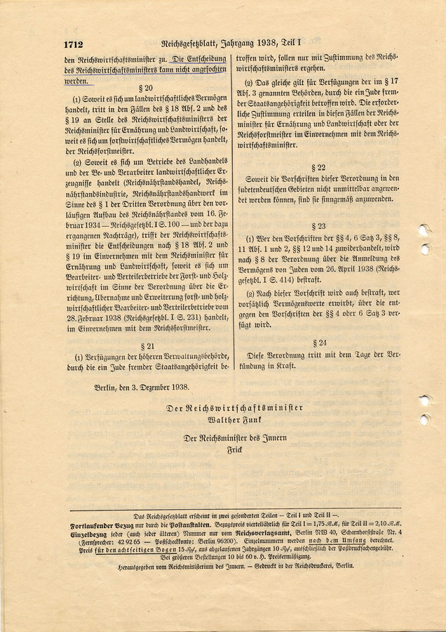 Verordnung über den Einsatz des jüdischen Vermögens, verfasst von Reichswirtschaftsminister Walther Funk und Reichsminister des Innern Frick, 3. Dezember 1938