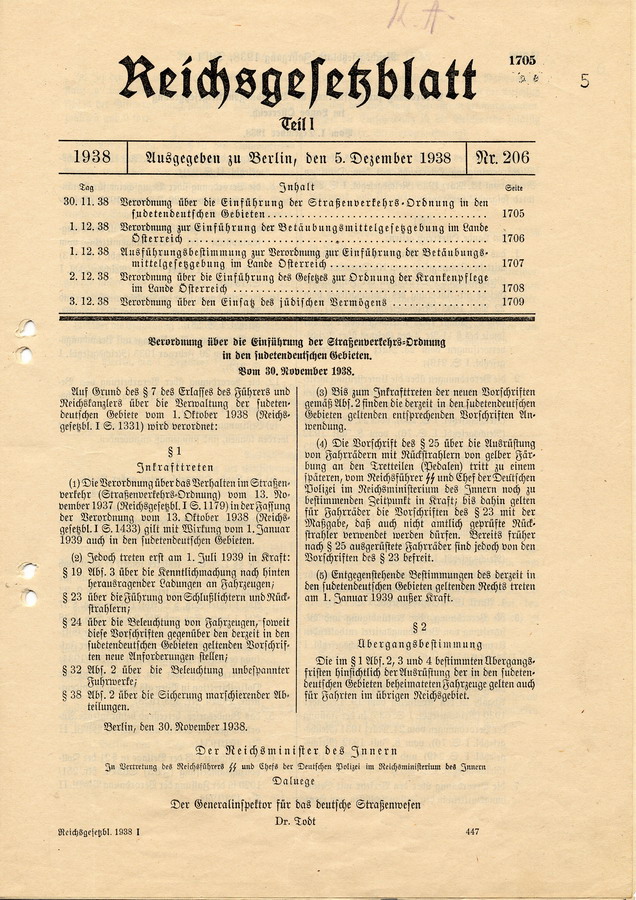 Verordnung über den Einsatz des jüdischen Vermögens, verfasst von Reichswirtschaftsminister Walther Funk und Reichsminister des Innern Frick, 3. Dezember 1938