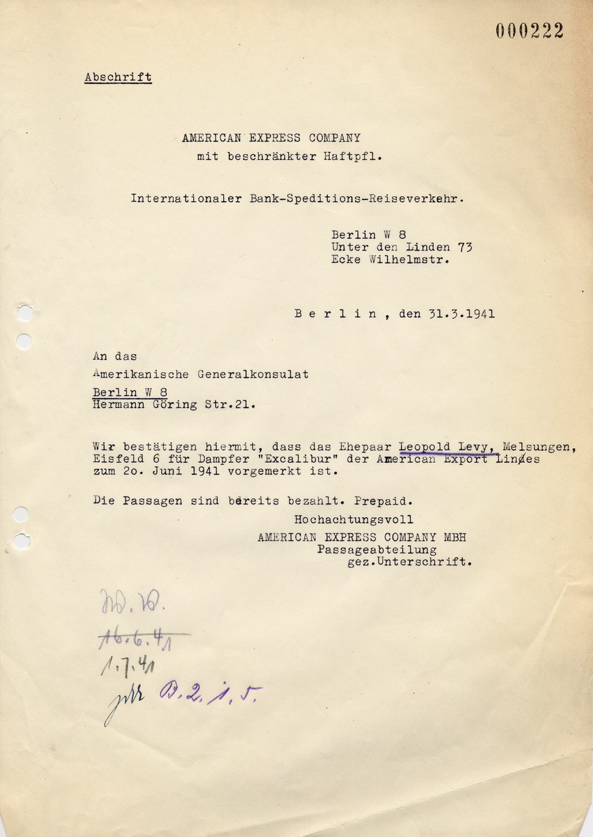 Schreiben der American Express Company an das Amerikanische Generalkonsulat betreffend durch das jüdische Ehepaar Levy bezahlte Fahrt mit American Export Lines, 31. März 1941.