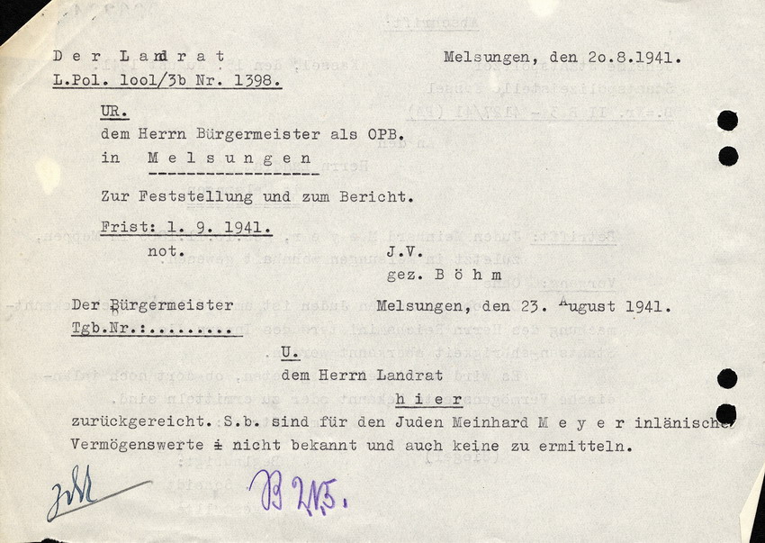 Schreiben der Staatspolizeistelle Kassel an den Landrat in Melsungen betreffend "Aberkennung" der deutschen Staatsangehörigkeit von Meinhard Meyer, 15. August 1941.