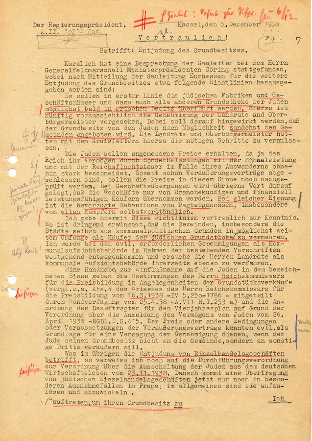 Vertrauliches Schreiben des Regierungspräsidenten in Kassel an Landräte, Bürgermeister und Polizei. Enteignung jüdischer Immobilien und Firmen, 3. Dezember 1938