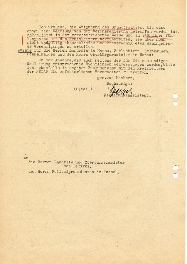 Vertrauliches Schreiben des Regierungspräsidenten in Kassel an Landräte, Bürgermeister und Polizei. Enteignung jüdischer Immobilien und Firmen, 3. Dezember 1938