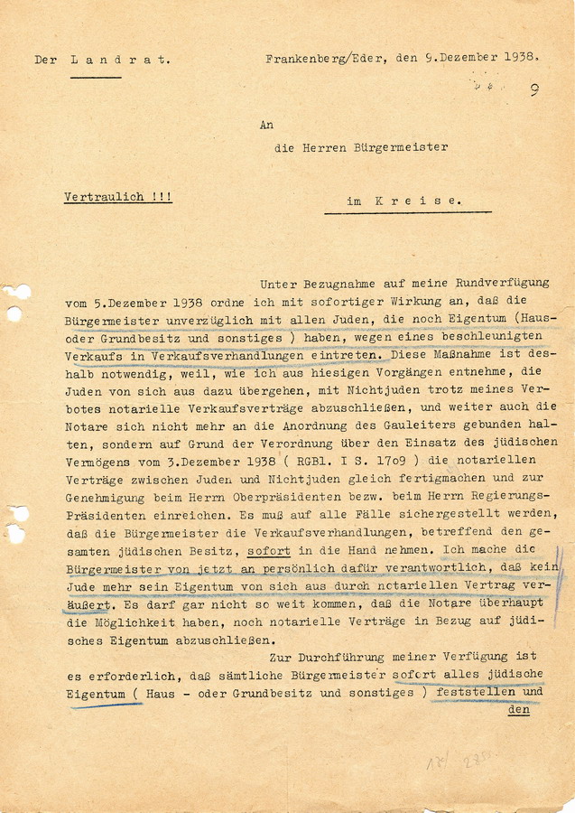Vertrauliches Schreiben des Landrats in Frankenberg an alle Bürgermeister. Verkaufsverhandlungen sollen beschleunigt werden, 9. Dezember 1938