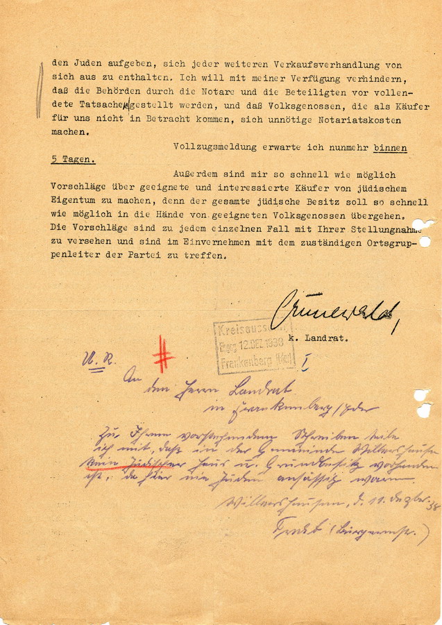 Vertrauliches Schreiben des Landrats in Frankenberg an alle Bürgermeister. Verkaufsverhandlungen sollen beschleunigt werden, 9. Dezember 1938