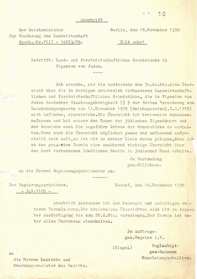 Abschrift eines eilenden Schreibens des Reichswirtschaftsministers für Ernährung und Landwirtschaft in Berlin an die Regierungspräsidenten. Übersicht über land- und fortswirtschaftliche Flächen soll zur Enteignung erstellt werden, 15. November 1938