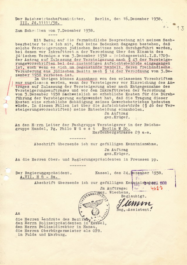 Ergänzung zum Schreiben vom 7.12.1938 vom Reichswirtschaftsminister an die Regierungspräsidenten. Versteigerungen von jüdischem besitz sind verboten, 16. Dezember 1938