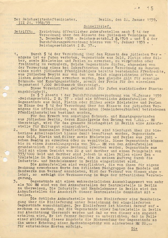 Schnellbrief des Reichswirtschaftsministers an die Regierungspräsidenten. Errichtung öffentlicher Ankaufsstellen, Umgang mit "jüdischem Vermögen", 25. Januar 1939