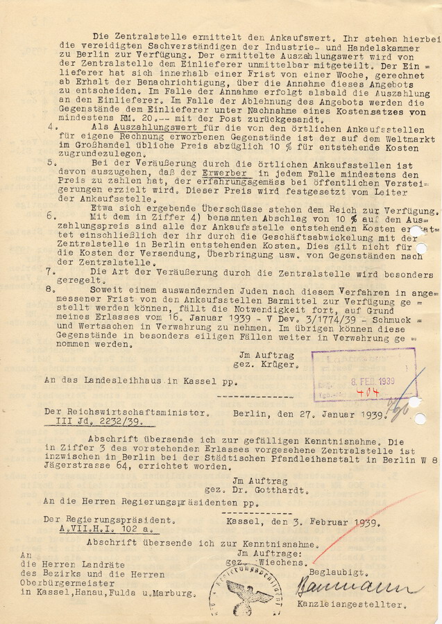 Schnellbrief des Reichswirtschaftsministers an die Regierungspräsidenten. Errichtung öffentlicher Ankaufsstellen, Umgang mit "jüdischem Vermögen", 25. Januar 1939