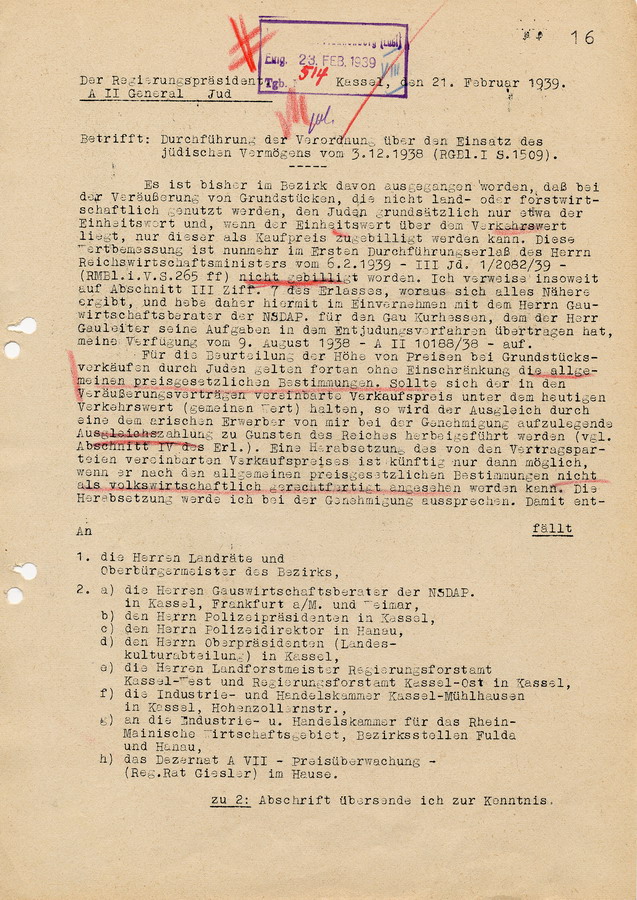 Schreiben des Regierungspräsidenten in Kassel an die Landräte, Bürgermeister und Polizei. Maßnahmen zum Verkauf jüdischer Immobilien, 21. Februar 1939