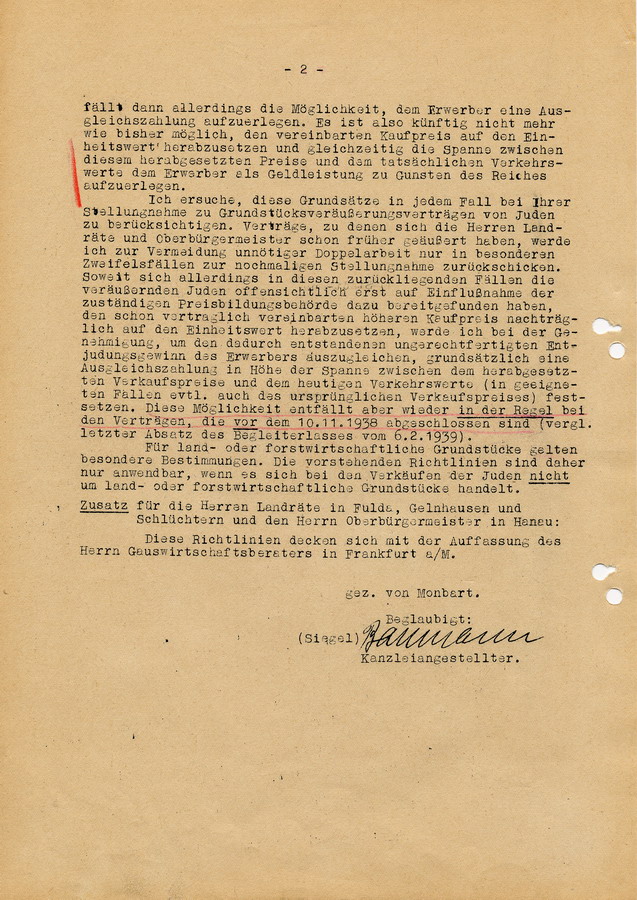 Schreiben des Regierungspräsidenten in Kassel an die Landräte, Bürgermeister und Polizei. Maßnahmen zum Verkauf jüdischer Immobilien, 21. Februar 1939