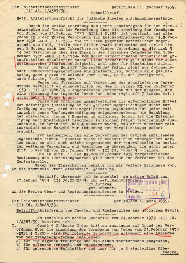 Schnellbrief des Reichswirtschaftsministers an die Regierungspräsidenten. Ablieferungspflicht für jüdische Juwelen und Schmuckgegenstände, 24. Februar 1939