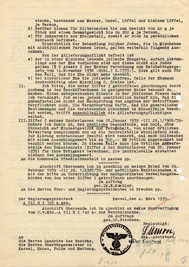 Schnellbrief des Reichswirtschaftsministers an die Regierungspräsidenten. Ablieferungspflicht für jüdische Juwelen und Schmuckgegenstände, 24. Februar 1939