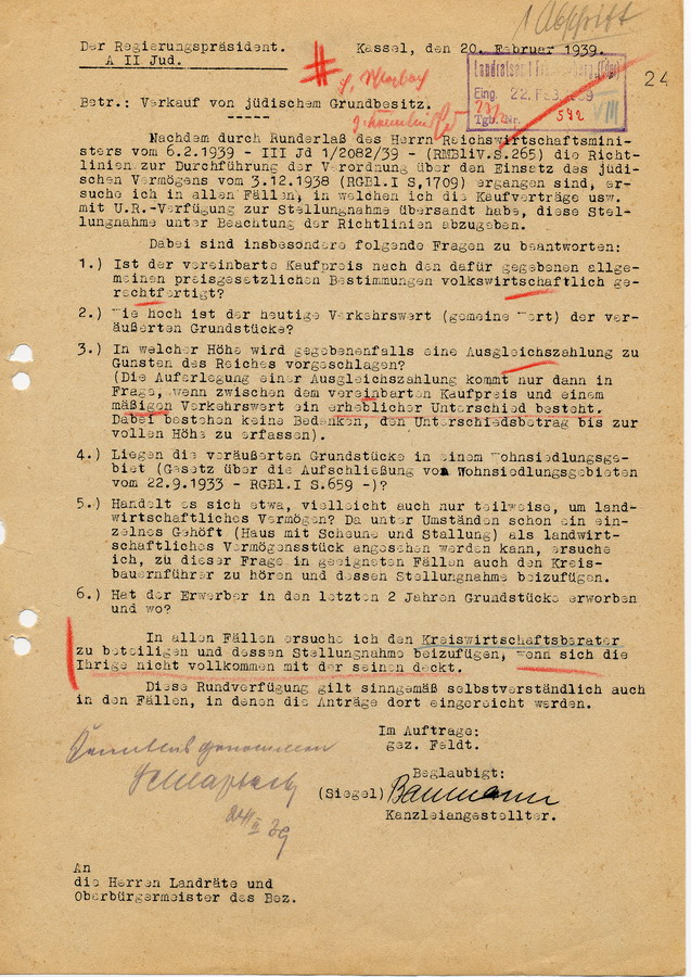 Schreiben des Regierungspräsidenten in Kassel an Landräte und Bürgermeister. Verkauf von jüdischem Immobilien und Grundstücken, 20.Februar 1939
