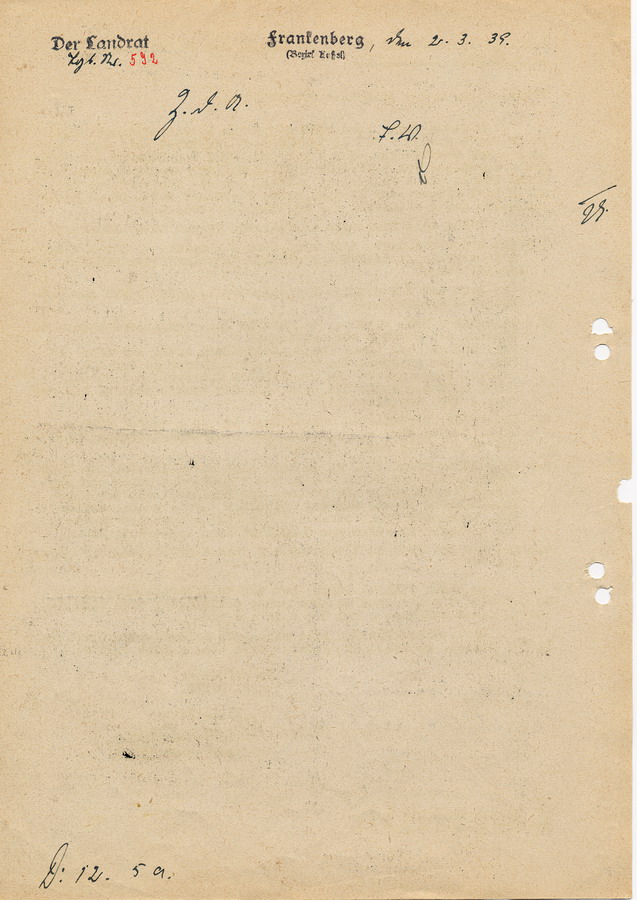 Schreiben des Regierungspräsidenten in Kassel an Landräte und Bürgermeister. Verkauf von jüdischem Immobilien und Grundstücken, 20.Februar 1939