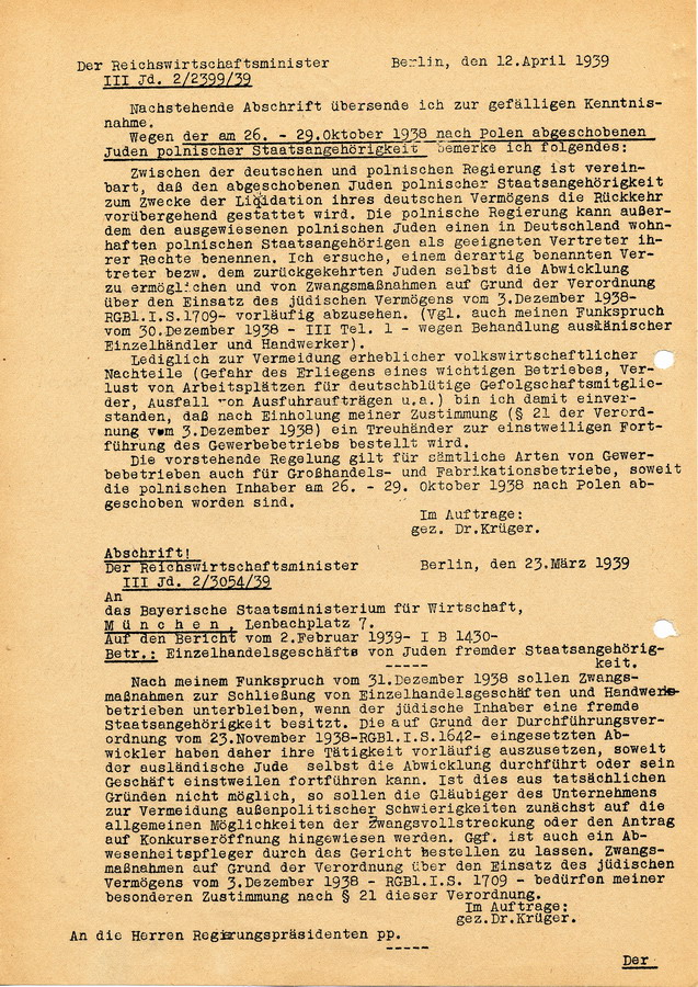 Abschriften von Schreiben des Reichswirtschaftsminister an die Regierungspräsidenten. Verkauf von Immobilien polnischer Staatsbürger, Maßnahmen gegen ausländische Einzelhändler, 12. April und 23. März 1939