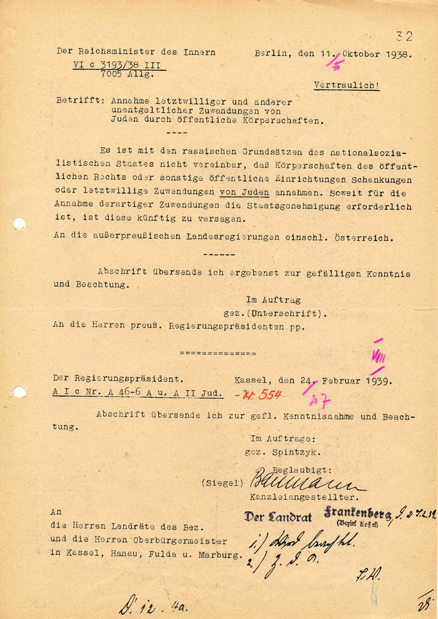 Vertrauliches Schreiben des Reichsministers des Innern an die Regierungspräsidenten. Annahme von Spenden jüdischer Bürger durch öffentliche Körperschaften, 11. Oktober 1938