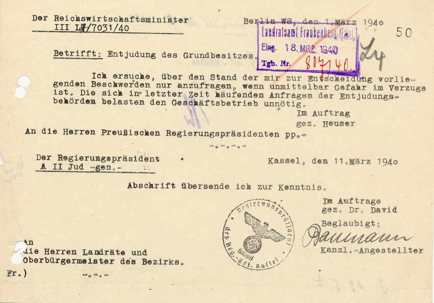 Schreiben des Reichswirtschaftsministers an die Regierungspräsidenten. Anfragen zum Stand einer Enteignung sind nur bei "Gefahr im Verzug" zu stellen, 1. März 1940
