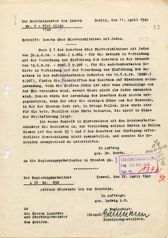 Schreiben des Reichsministers des Innern an die Regierungspräsidenten. Gesetz über Mietverhältnisse mit Juden, 11. April 1940