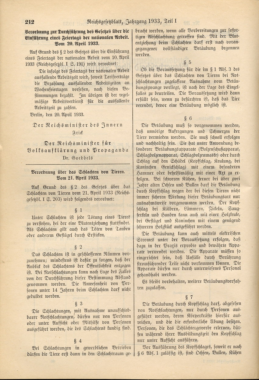 Verordnung betreffend Schlachten von Tieren: Verbot des Schlachtens von Tieren nach jüdischem Ritus, 21. April 1933.