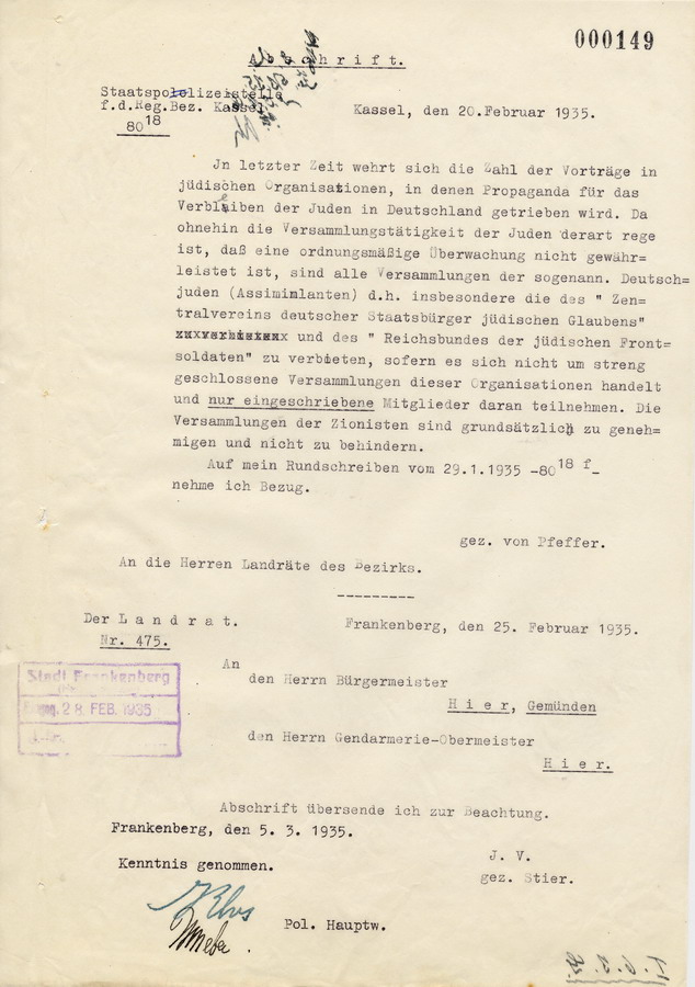 Abschrift eines Schreibens der Staatspolizei in Kassel an die Landräte. Verbot bestimmter Versammlungen jüdischer Organisationen, 20. Februar 1935