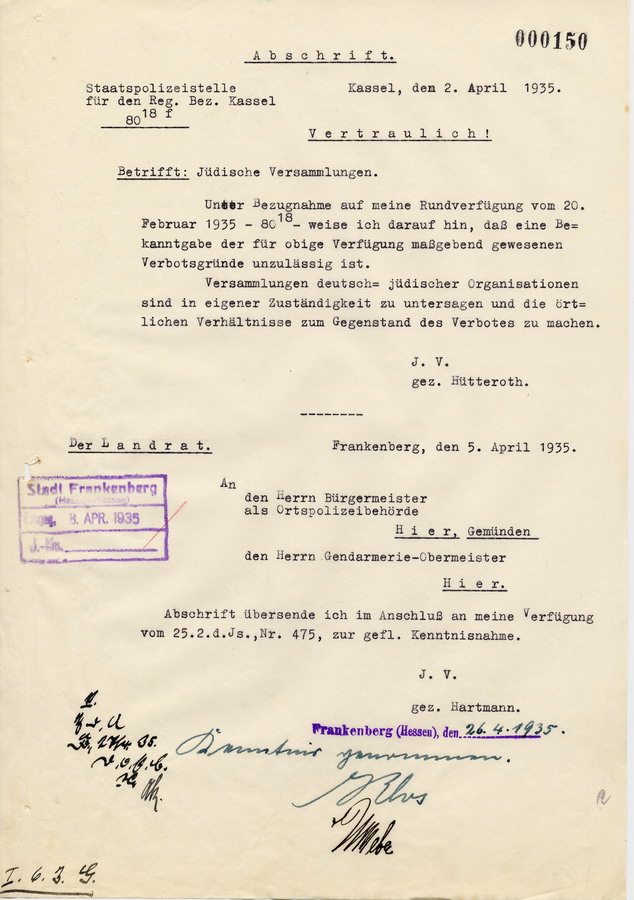Abschrift eines vertraulichen Schreibens der Staatspolizeistelle Kassel  an die Landräte und Bürgermeister. Verbot von Versammlungen "deutsch-jüdischer Organisationen", 2. April 1935