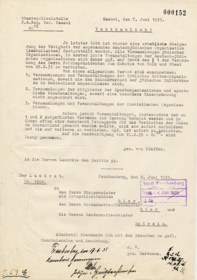 Vertrauliches Schreiben der Staatspolizeistelle in Kassel an die Landräte. Verbot von Veranstaltungen jüdischer Organisationen mit Ausnahmen, 7. Juni 1935