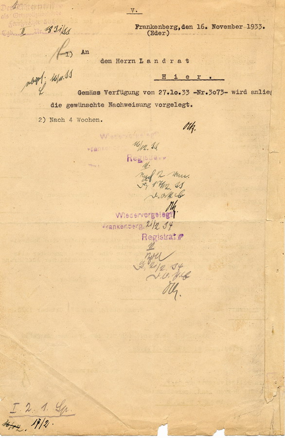 Schreiben des Polizeipräsidenten der Staatspolizei in Kassel an alle Landräte. Erhebungen über jüdische Bevölkerung, 25. Oktober 1933