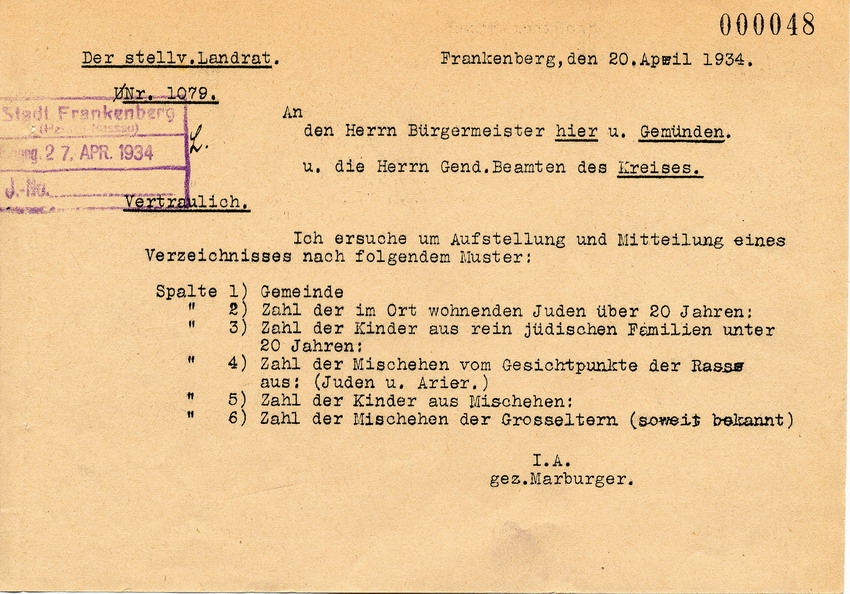 Schreiben des stellvertretenden Landrats in Frankenberg an die Bürgermeister in Frankenberg und Gemünden und an Polizei. Erhebung über jüdische Bürger, 20. April 1934
