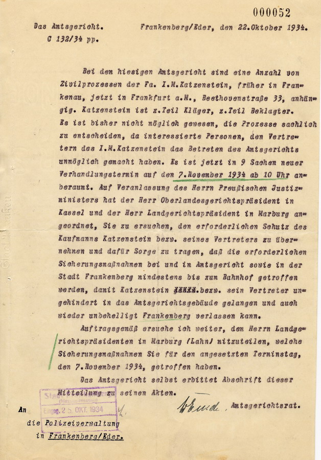 Schreiben des Amtsgerichts in Frankenberg an den Landrat in Frankenberg. "Sicherungsmaßnahmen" für den Gerichtsbesuch von Katzenstein, 22. Oktober 1934