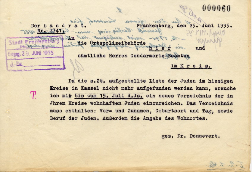Schreiben des Landrats in Frankenberg an die Polizeibehörden und sämtliche Polizisten. Erstellung eines neuen Verzeichnisses über jüdische Bürger, 25. Juni 1935
