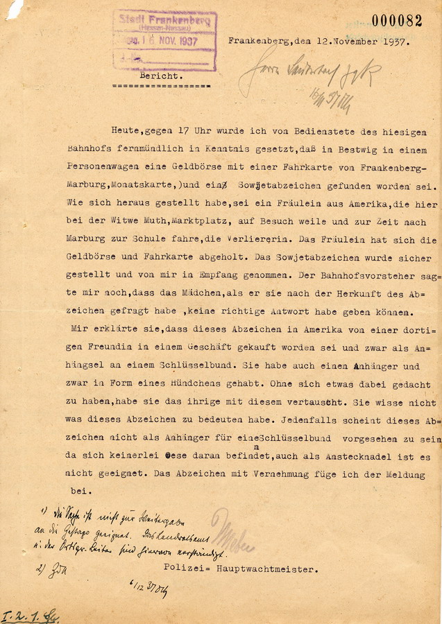 Bericht des Polizei-Hauptwachmeisters Weber in Frankenberg an den Landrat in Frankenberg. Fund eines Sowjetabzeichens am Bahnhof in Frankenberg, 12. November 1937