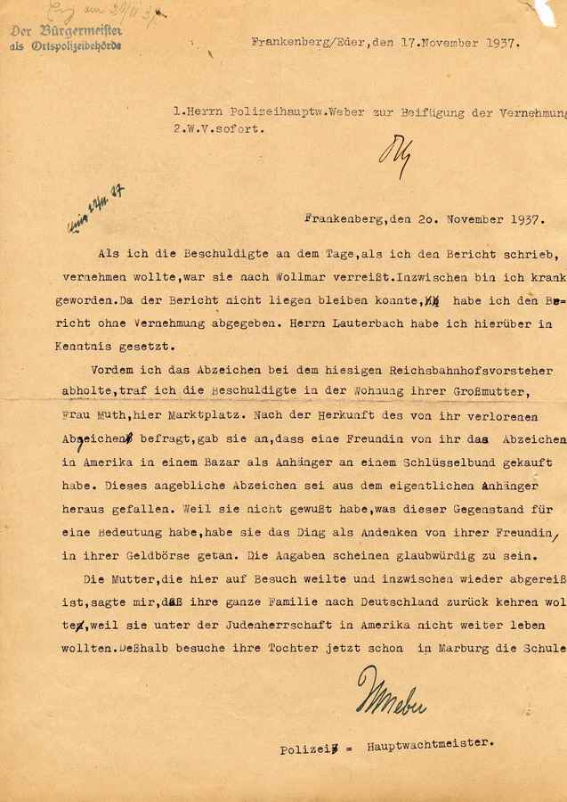 Schreiben des Bürgermeisters in Frankenberg an den Landrat in Frankenberg. Fund eines Sowjetabzeichens, Immigration einer amerikanischen Familie nach Deutschland, 17. November 1937