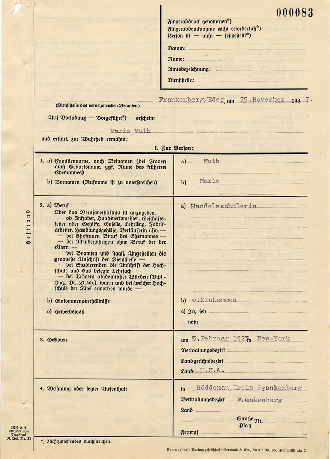 Protokoll der Vernehmung von Marie Muth aus Röddenau. Aussage bezügl. "Sowjetabzeichen" und Immigration der Familie Muth nach Deutschland, 25. November 1937