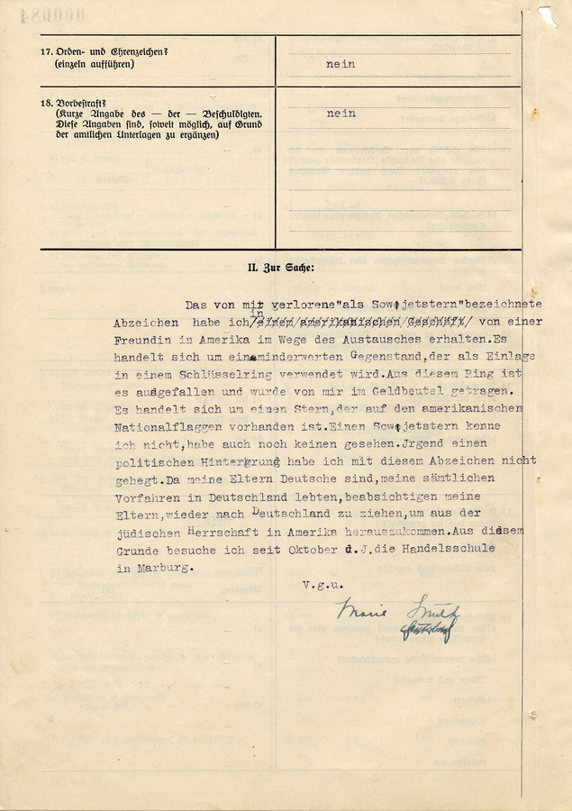 Protokoll der Vernehmung von Marie Muth aus Röddenau. Aussage bezügl. "Sowjetabzeichen" und Immigration der Familie Muth nach Deutschland, 25. November 1937