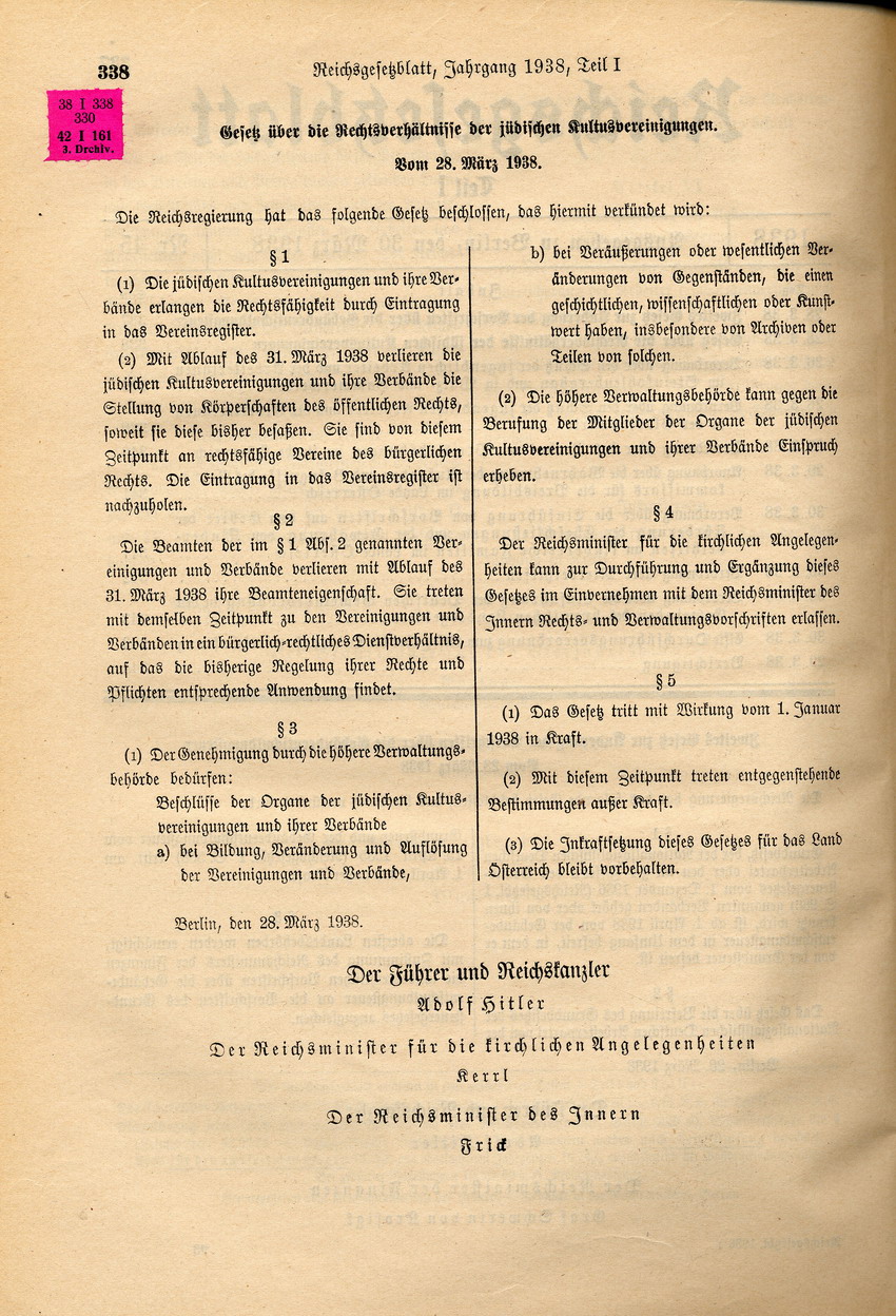 Gesetz betreffend "Rechtsverhältnisse der jüdischen Kultusvereinigungen", 28. März 1938.