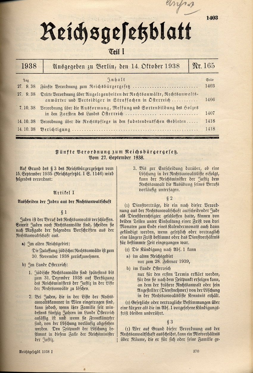 Fünfte Verordnung zum Reichsbürgergesetz betreffend Streichung der Zulassung jüdischer Rechsanwälte ab 30. November 1938 und Rechtsvertretung von Juden durch "jüdische Konsulenten", 27. September 1938.