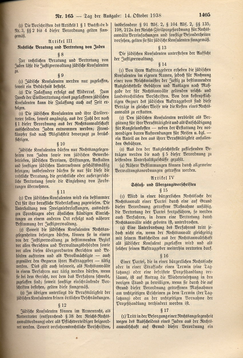 Fünfte Verordnung zum Reichsbürgergesetz betreffend Streichung der Zulassung jüdischer Rechsanwälte ab 30. November 1938 und Rechtsvertretung von Juden durch "jüdische Konsulenten", 27. September 1938.