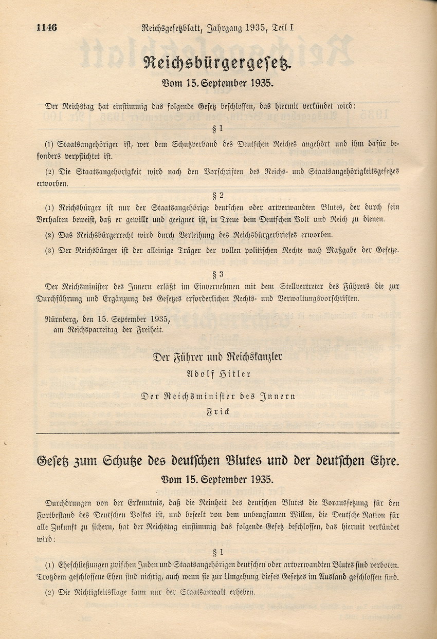 Reichsbürgergesetz: Reichsbürger seien nur Staatsangehörige "deutschen oder artverwandten Blutes", 15. September 1935.