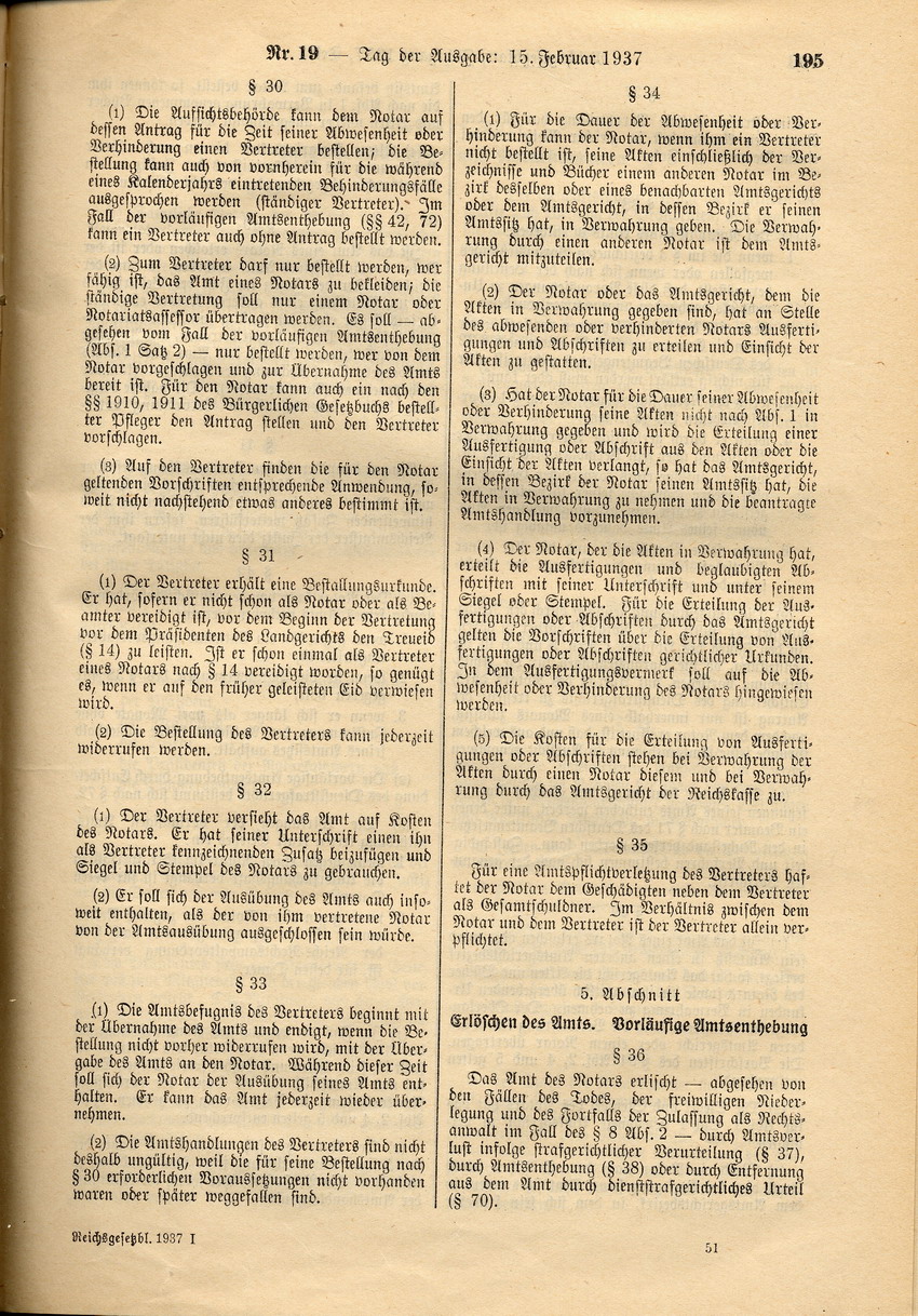 Reichsnotarverordnung: Verbot der Bestellung zum Notar für Juden, 13. Februar 1937.
