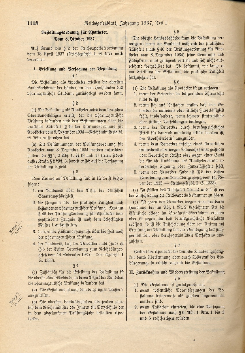 Bestallungsordnung für Apotheker: Verbot der Approbation für Juden, 8. Oktober 1937.