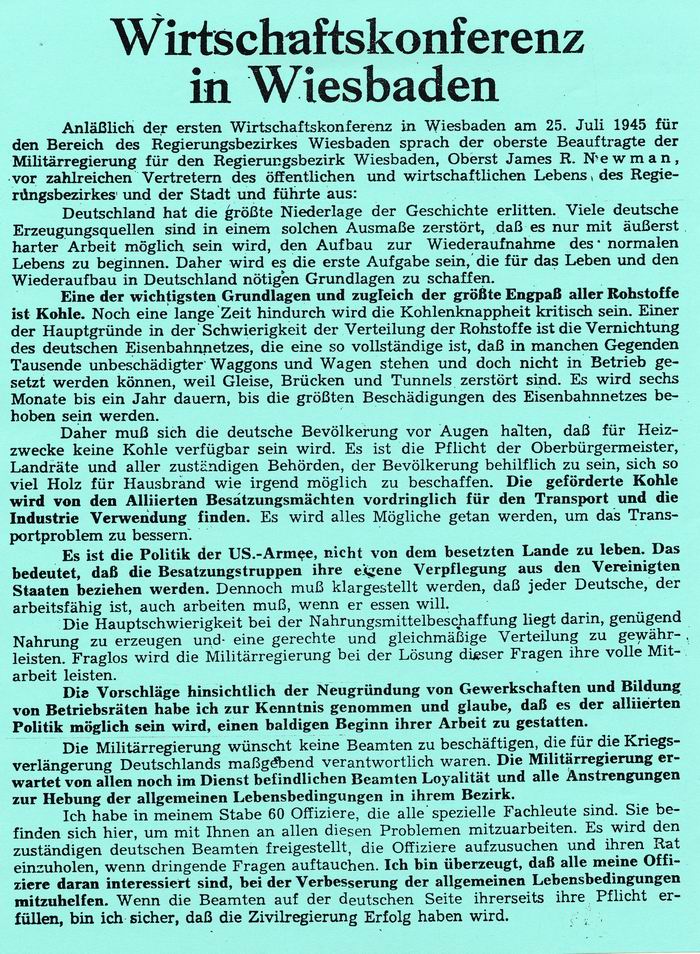 Bild zum Dokument Zeitungsartikel: Wirtschaftskonferenz in Wiesbaden vom 4. Augu