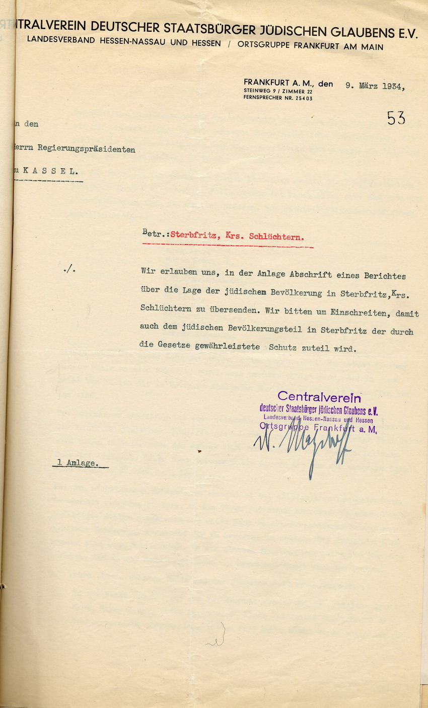 Eingabe Sterbfritz (1) Bild zum Dokument Eingabe des Centralvereins deutscher Staatsbürger jüdischen Gl