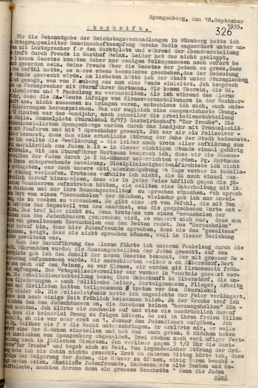 Bericht Fenner (1) Bild zum Dokument Bericht des Ortsgruppenleiters und Bürgermeisters Fenner über