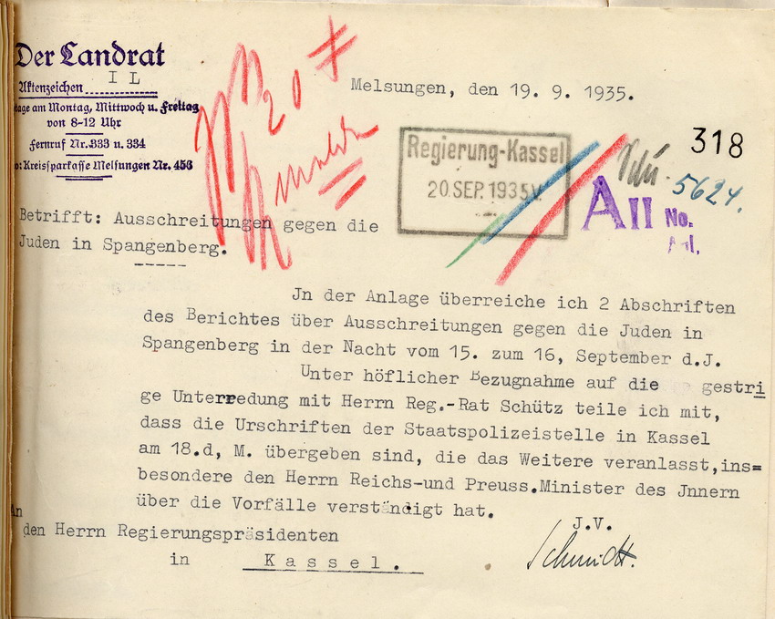 Anschreiben des Landrates Bild zum Dokument Bericht des Regierungsrates Schütz über die Ausschreitungen ge