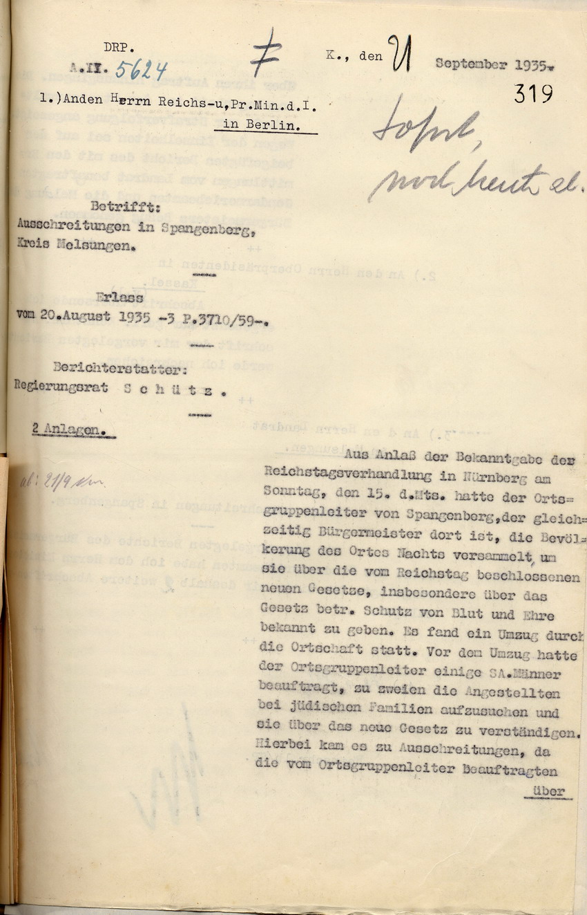 Bericht Schütz (1) Bild zum Dokument Bericht des Regierungsrates Schütz über die Ausschreitungen ge