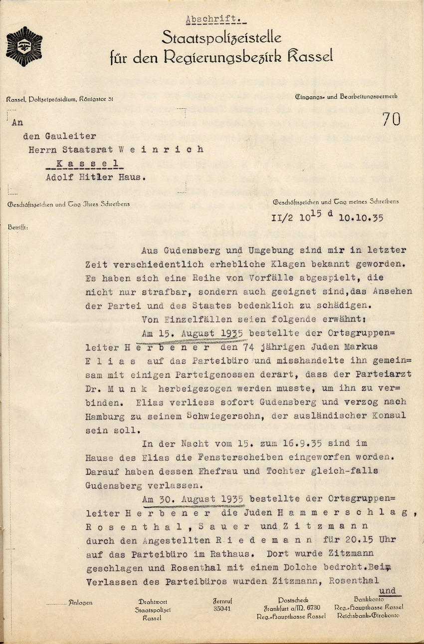 Beschwerde (1) Bild zum Dokument Beschwerde der Staatspolizeistelle Kassel über zunehmende Miss