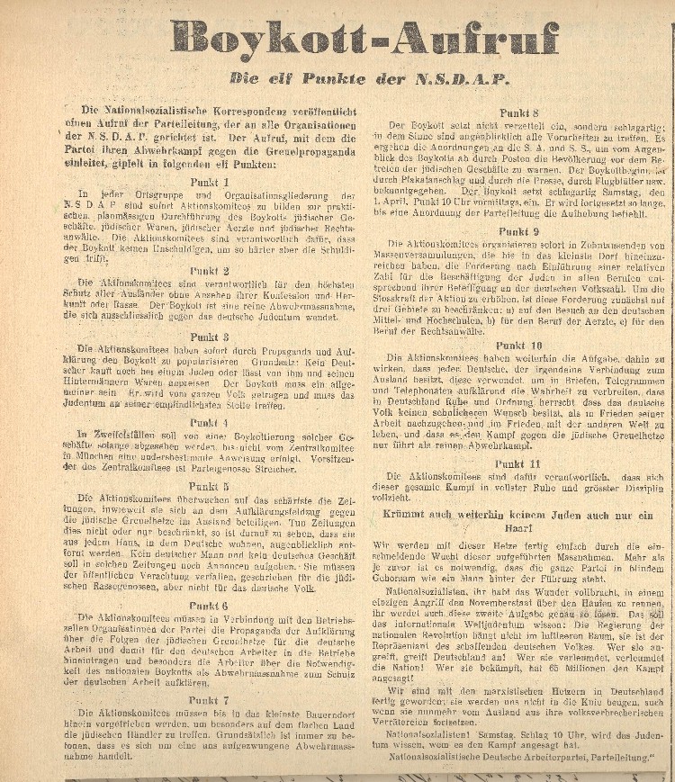 Bild zum Dokument Boykottaufruf der NSDAP(aus Nationalsozialistische Korresponde