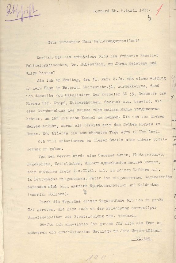 Bild zum Dokument Olga Hohenstein an den Regierungspräsidenten in Kassel