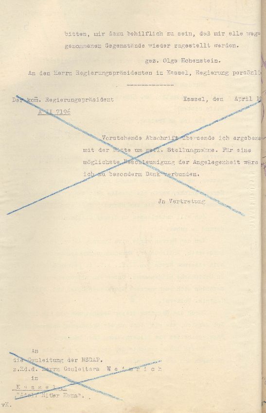 Bild zum Dokument Olga Hohenstein an den Regierungspräsidenten in Kassel