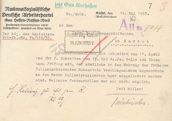 Bild zum Dokument NSDAP, Gau Hessen-Nassau-Nord an den Regierungspräsidenten Kas
